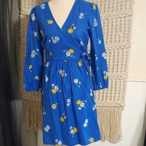 Old Navy Blue Yellow White Floral Long Sleeve V-Neck Pleated Wrap Dress …